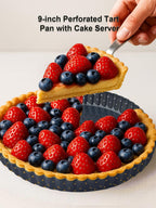 9 Inch Perforated Tart Pan for Crispy Crust w/Pie Cake Server. Removable Bottom, Non-Stick Coating, Rugged Carbon Steel for Tart Quiche Baking. Gift for Women Christmas Thanksgiving Party