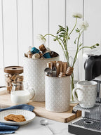 LE TAUCI Utensil Holder, 7.1" Ceramic Kitchen Utensil Holder for Counter top, Embossed Cooking Utensil Organizer for Spatula & Spoon, Kitchen Decor, Set of 1, Arctic White,Fireworks