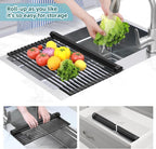Ohuhu Over The Sink Dish Drainer Drying Rack, 17.6" W x 15.4" L Roll Up Dish Racks Kitchen Sink Organizer Silicone Wrapped Large in Sink Dish Drying Rack Foldable Rolling Drain Mats Anti-Slip