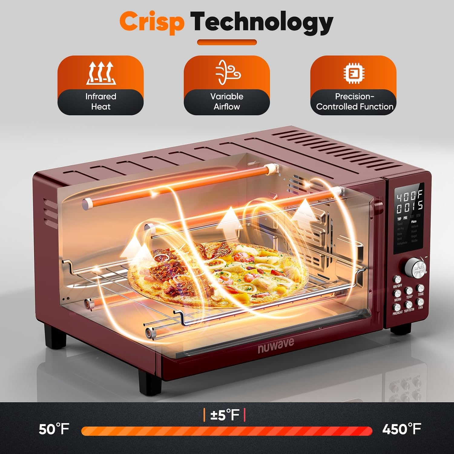 Nuwave Bravo Pro Smart Air Fryer Toaster Oven Combo, 12-in-1 Functions with Quicker & Even Crisp Technology, 1800W, 50-450°F, PFAS-Free, 21QT, Cinnamon