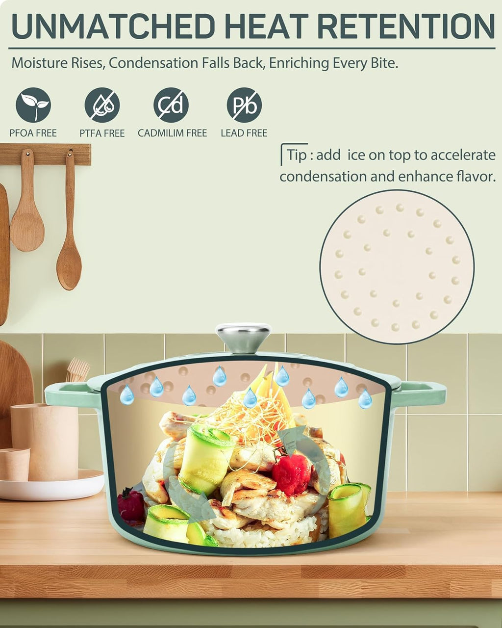 6 QT Dutch Oven Pot with Lid, Enameled Cast Iron Dutch Oven for Bread Making, Braiser, Cooking, Dual Handles, Oven Safe up to 500° F or on Stovetop, Gifts for Family - Mint Green