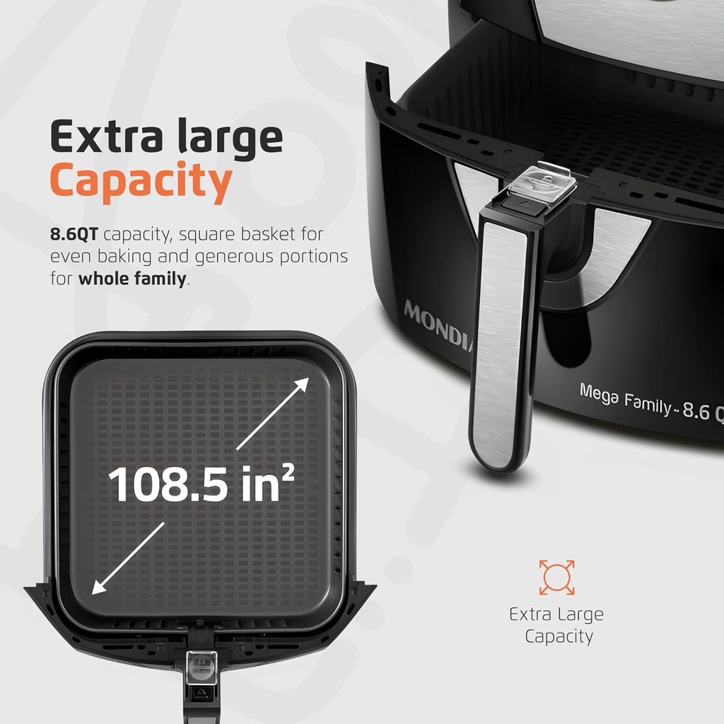 Air Fryer - 8.6 Quart Extra-Large Air Fryer, 2 Simple Dial Controls, 1800 Watts - Quick Heat Circulation Technology, Low Fat Cooking Less Calories - Removable Squared Basket - Black