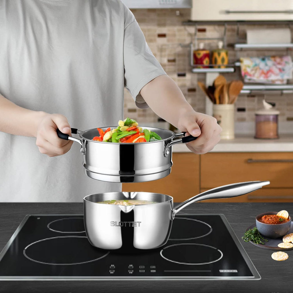 Tri-Ply Whole-Clad Stainless Steel Saucepan with Steamer,2.5 Qt Small Multipurpose Pot with Pour Spout,Strainer Glass Lid, 2 Quart Sauce Pan for Cooking with Stay-cool Handle.