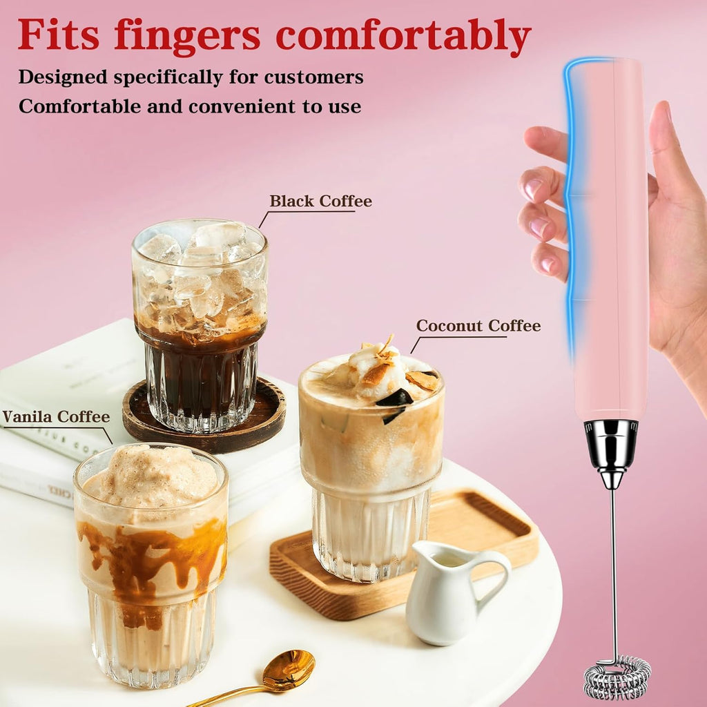 Milk Frother Handheld for Coffee, Electric Whisk 3 Speed Adjustable, Drink Mixer with Stainless 3 Whisks, Rechargeable Hand Frother Wand, Foam Maker for Latte Cappuccino Hot Chocolate Egg Pink