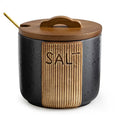 Salt Container for Countertop, Ceramic Salt Cellar with Lid & Spoon, Farmhouse Salt Bowl, 10 OZ, Black