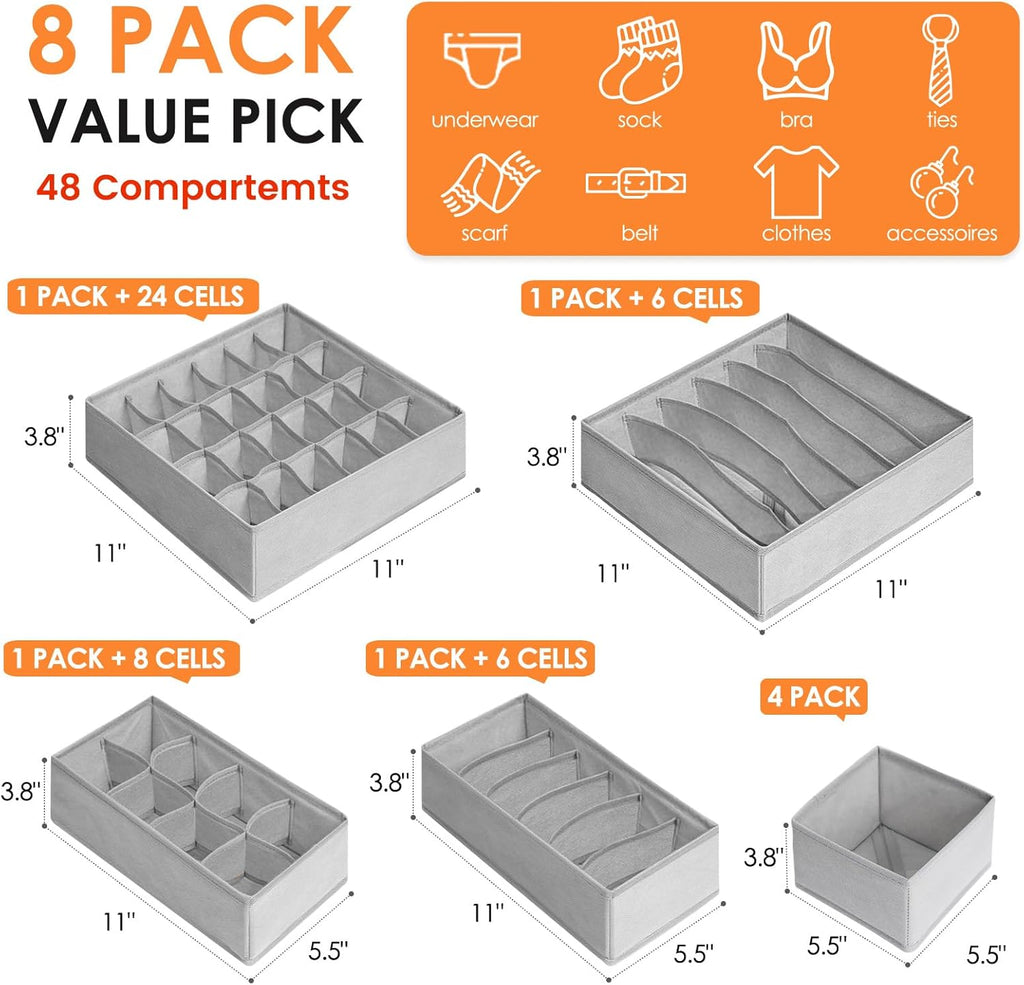 Drawer Organizer Clothes, 8 Pack Dresser Organizer Bins for Baby Clothes, Underwear Sock, Fabric Closet Organization and Storage Dividers for Nursery Bedroom (48 Compartments, Grey)