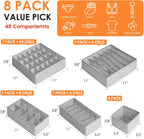 Drawer Organizer Clothes, 8 Pack Dresser Organizer Bins for Baby Clothes, Underwear Sock, Fabric Closet Organization and Storage Dividers for Nursery Bedroom (48 Compartments, Grey)