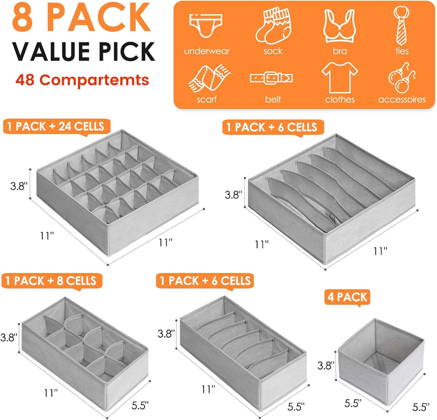 Drawer Organizer Clothes, 8 Pack Dresser Organizer Bins for Baby Clothes, Underwear Sock, Fabric Closet Organization and Storage Dividers for Nursery Bedroom (48 Compartments, Grey)