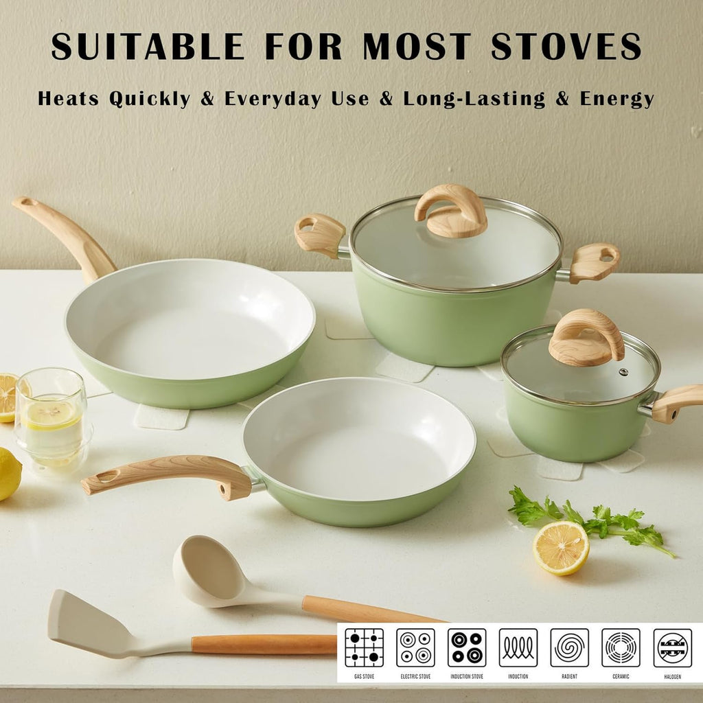 Green Non Stick Pots and Pans Set, Healthy Ceramic Cookware Set, 12pcs Kitchen Cooking Pots and Frying Sauce Saute Pans Set, PFAS-Free with Kitchen Utensils and Lid, Avocado