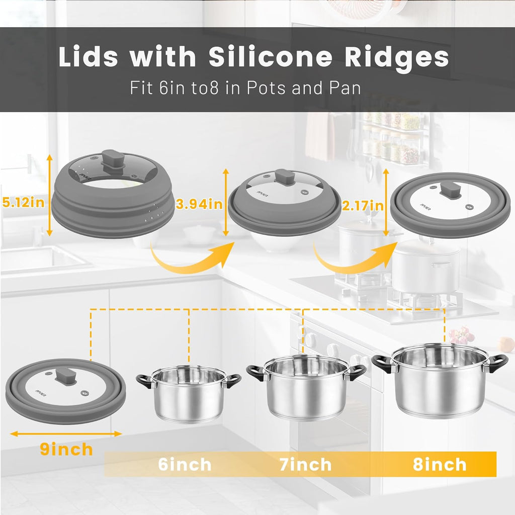 Microwave Splatter Cover, Vented Silicone and Glass Cover Splatter Guard Lid, Food Collapsible Plate Cover Lid with Easy Grip Handle. (Gray, 9 inch)