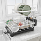 Dish Drying Rack - 2-Tier 304 Stainless Steel Dish Rack for Kitchen Counter, Adjustable Spout Auto-Draining Dish Rack, Kitchen Organizers and Storage Rack with Drainboard and Cutlery Holder Black
