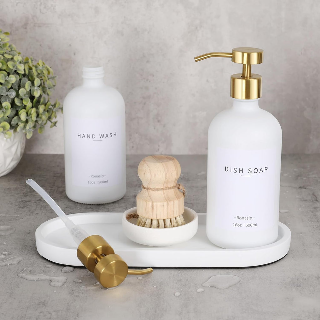 Set of 5 Kitchen Soap Dispenser Set 16 Oz Glass Hand Dish Soap Dispenser with Stainless Steel Pump, Cement Tray, Dish Scrub Brush for Farmhouse Rustic Home Bathroom Decor (White)