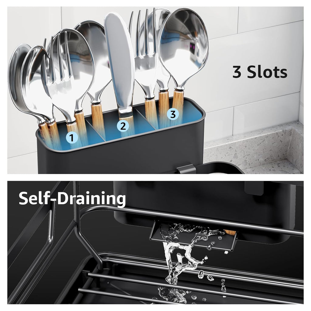 Dish Drying Rack for Kitchen Counter, Space-Saving Dish Rack, Multifunctional Dish Drainer Rack, Sink Kitchen Dishes Strainer, Dryer Rack with Drain Board, and Cutlery Holder,Small Size Black
