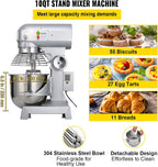 Happybuy 10Qt Commercial Food Mixer with Timing Function， Commercial Mixer 500W Stainless Steel Bowl Heavy Duty Electric Food Mixer Commercial with 3 Speeds Adjustable, Perfect for Bakery Pizzeria