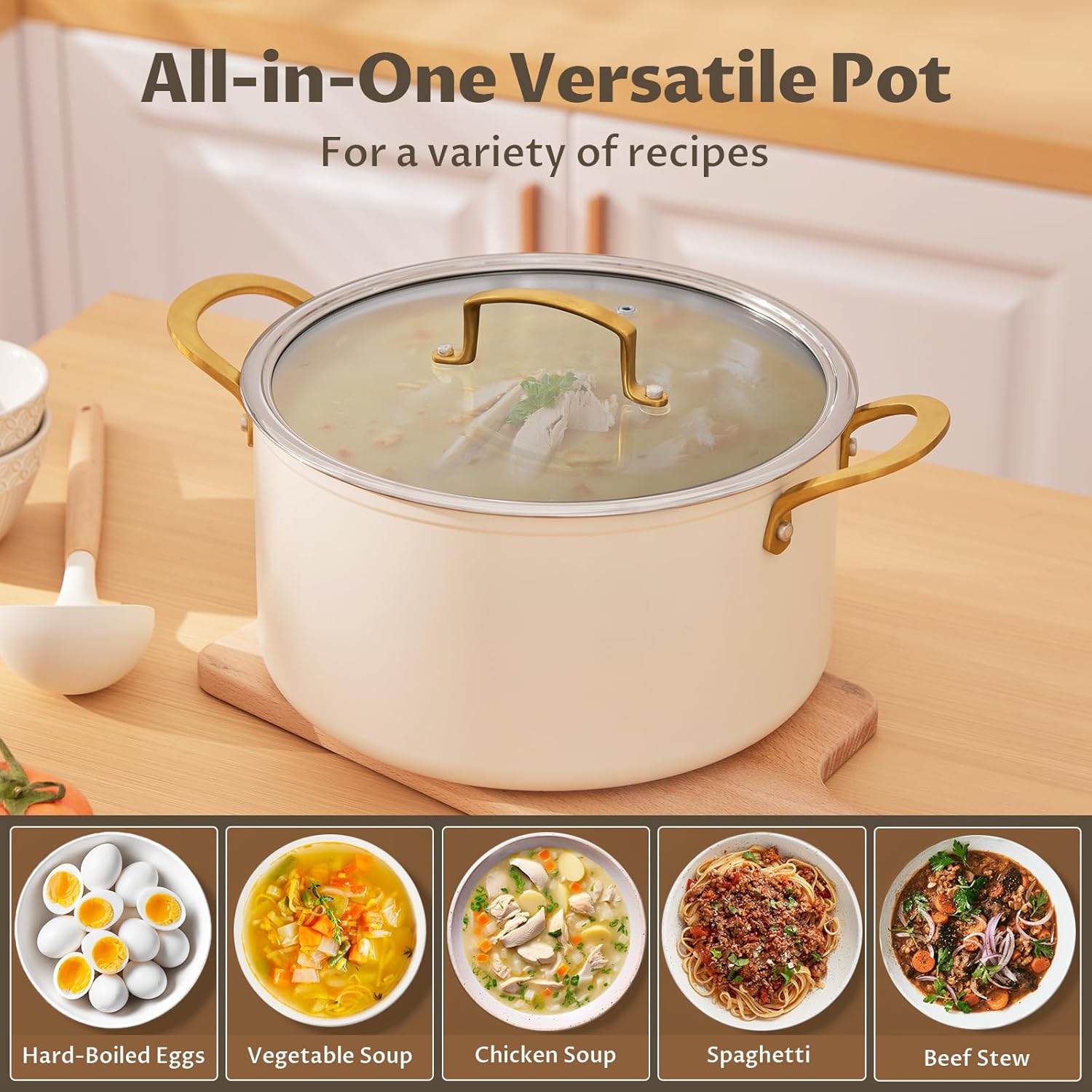 BEZIA Non Stick Stock Pot With Lid, 12 Quart Large Stockpot for Catering for Groups and Events, Induction Cooking Pot for All Stoves, Sturdy & Double Handle, Ideal for Soups & Stews, Cream