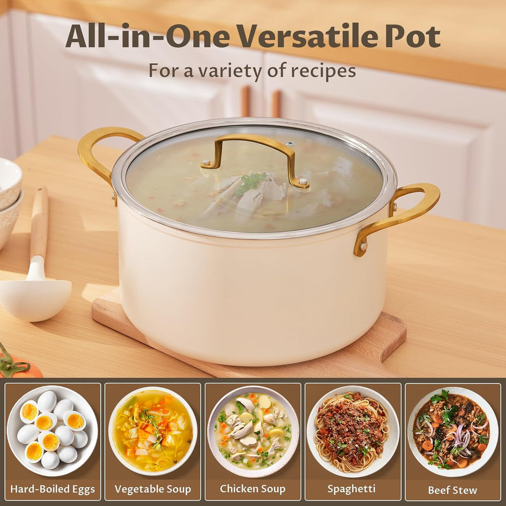 BEZIA 6 Quart Stock Pot with Lid，Ceramic Nonstick Cooking Pot，Soup Pot with Stainless Steel Handle, Tempered Glass Lid, Induction Compatible for Pasta, Soup, Spaghetti，Dishwasher Safe, Cream