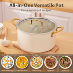 BEZIA 6 Quart Stock Pot with Lid，Ceramic Nonstick Cooking Pot，Soup Pot with Stainless Steel Handle, Tempered Glass Lid, Induction Compatible for Pasta, Soup, Spaghetti，Dishwasher Safe, Cream