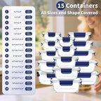 GENICOOK 30 Pieces Glass Food Storage Containers with Snap Locking Lids,Glass Meal Prep Containers Set - Airtight Lunch Containers, Microwave, Oven, Freezer and Dishwasher BLUE