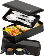 Umami Bento Box Adult All-In-1 w/4 Utensils, Sauce Jar, 2 Dividers, 100% Leakproof, Microwave & Dishwasher Safe, Stackable Bento Lunch Box Containers for Men/Women, Matte Black, 40 oz