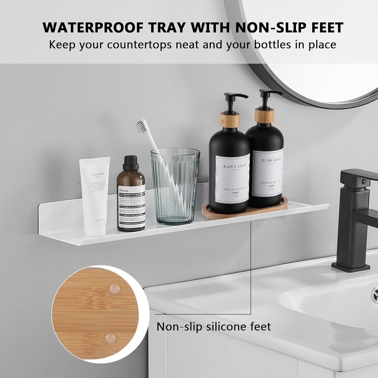 Black Glass Soap Dispenser - Hand Dish Soap Dispenser Set for Kitchen with Sturdy Pump and Tray, 14 Waterproof Labels, Bathroom Refillable Soap Lotion Dispenser-Black