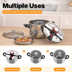 BreeRainz 8.45QT 304 Stainless Steel Pressure Cooker, 3-Stage PSI Settings, One-Hand Locking,Explosion-Proof Pot w/Extra Glass Lid, Timer, Steaming Rack(Induction Compatible)