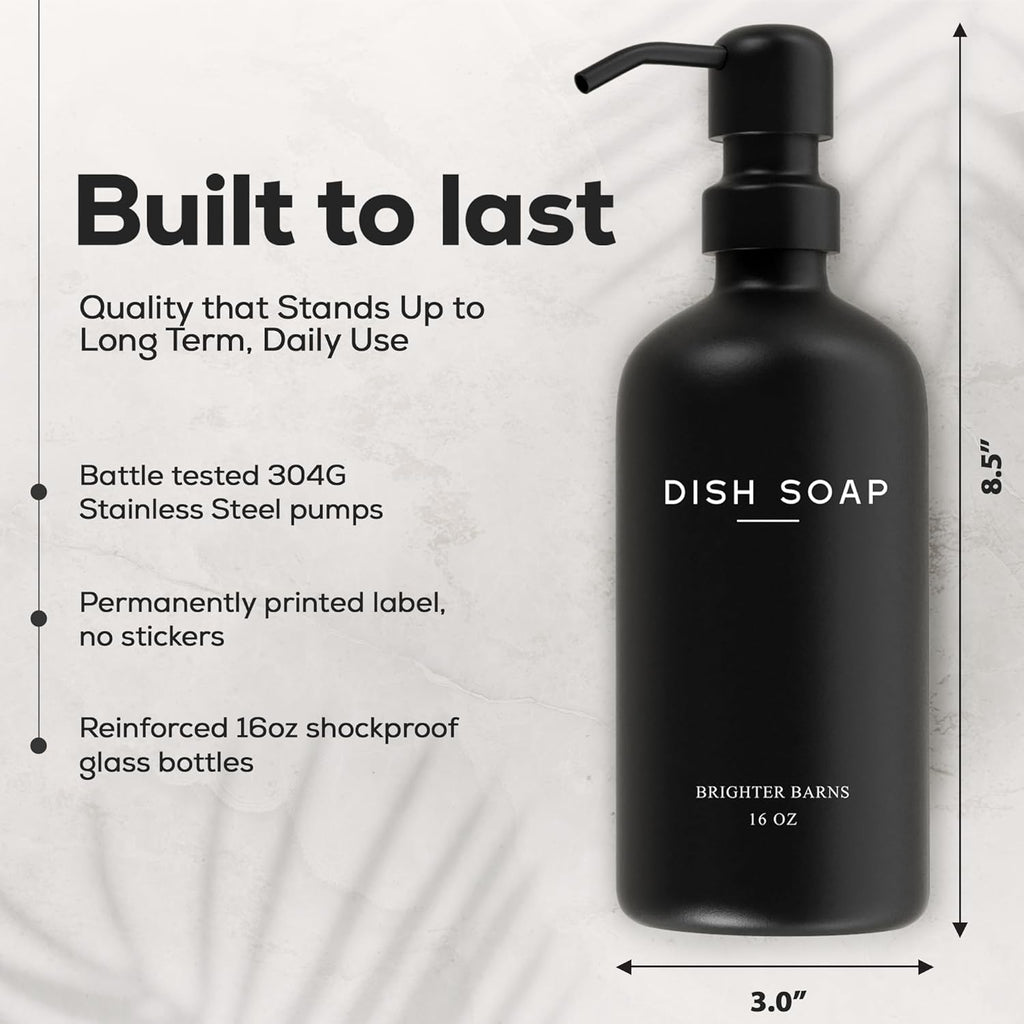Black Glass Hand and Dish Soap Dispenser Set by Brighter Barns - Kitchen Soap Dispenser Set & Pump - Glass Bottles for Kitchen Sink - Modern Farmhouse Counter Decor, Neutral Home Decor, Gifts (Black)