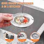 3-in-1 Kitchen Sink Drain Strainer & Sink Stopper 2 Pack - 304 Stainless Steel Sink Drain Strainer, Pop-Up Anti-Clog Design, Fits Standard 3-1/2'' Sink Drains
