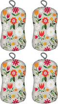 MÜkitchen Premuim Sponge for Dishes and Household Cleaning | Microfiber Print and Non-Scratch Scrub Pad | Set of 4 | (Retro Floral)