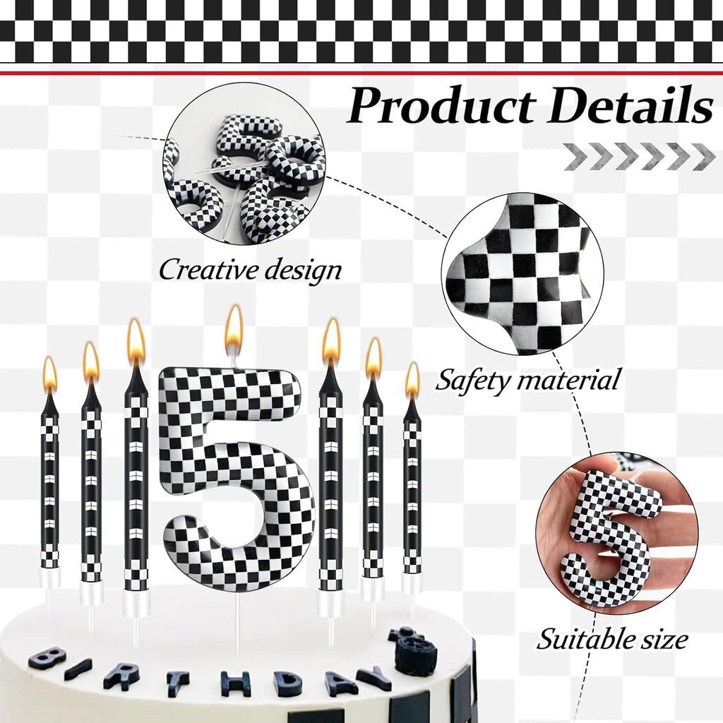 13 Pcs Racing Cars Themed Birthday Candles Black and White Race Number 5 Checkered Candle Cake Topper for Racing Car Party Decoration Supplies (Number 5)