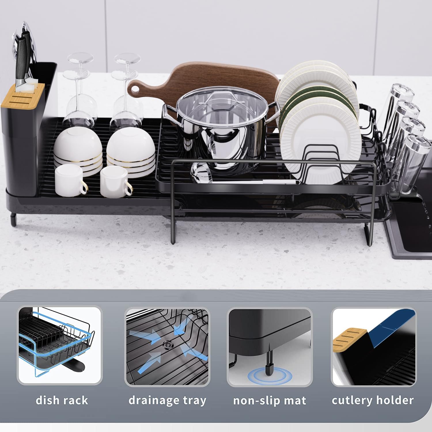 Runnatal Large Dish Drying Rack with Drainboard Set, Dish Rack, Extendable Dish Rack, Utensil Holder, Cup Holder, Expandable Dish Drainer for Kitchen Counter