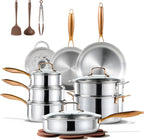 CAROTE 23pcs Tri-Ply Stainless Steel Cookware Set, Pots and Pans Set, Non Stick Induction Kitchen Cooking Sets, Nonstick Cookware Collection, Mirror Polish, Silver