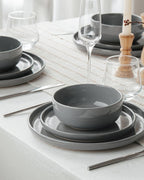 Famiware Milkyway Stoneware Dinnerware Sets with Pasta Bowls, Service for 4 (16 Pieces), Plates and Bowls Sets -Scratch Resistant, Microwave and Dishwasher Safe Dishes Set, Dark Gray