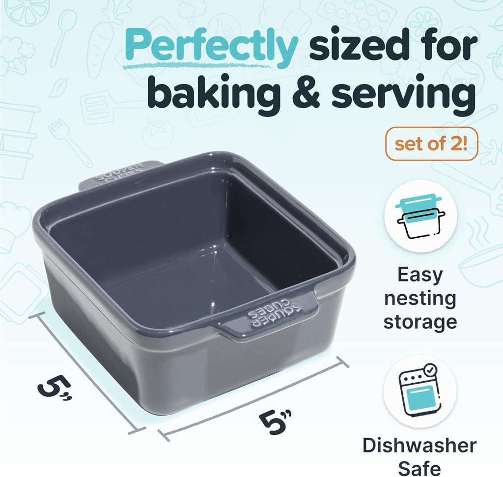 Souper Cubes Stoneware - 5" x 5" Small Ceramic Baking Dish Set with Silicone Covers - Small Casserole Dishes for Oven - Kitchen and Bakeware Essentials - Set of 2 - Charcoal Mini Baking Dishes
