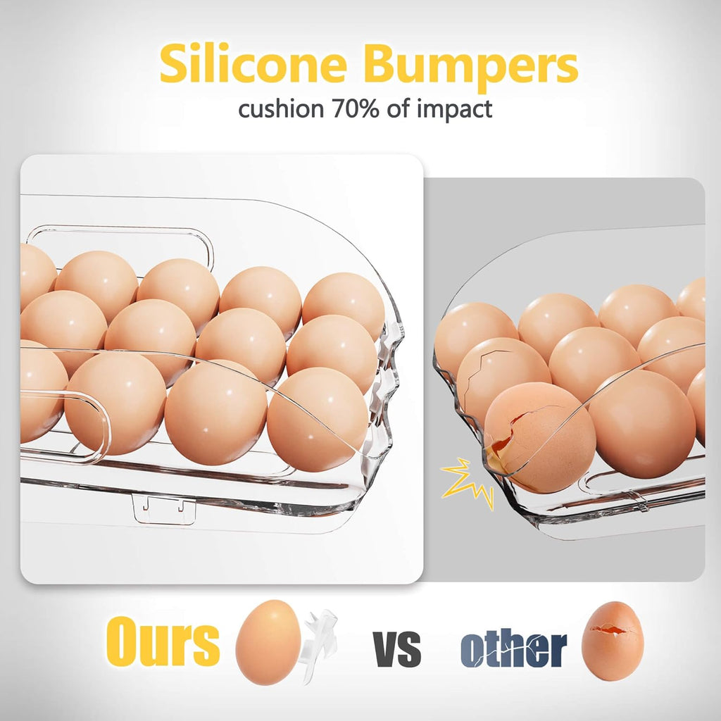 Egg Holder for Fridge, Automatic Steady Rolling Egg Container with Soft Bumpers & Handle for Refrigerator, Stackable Fridge Organizers and Storage with Lid