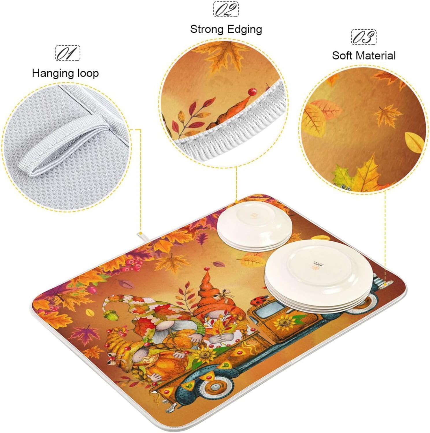 Thanksgiving Gnome Truck Autumn Dish Drying Mat for Kitchen Counter Absorbent Microfiber Drying Pad, Large 18x24 in, Maple Leaves Reversible Drainer Mats