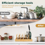 Bamboo Pot Lid Organizer, Adjustable Kitchen Organizer for Cabinet, Expandable Pot and Pan Storage Rack, Kitchen Organization for Lids, Bakeware, and Cutting Boards