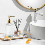 14Oz Gold Pump Glass Soap Dispenser, Clear Stripe Countertop Refillable Liquid Bottle Hand Dish Lotion Dispenser with Plastic Pump, for Kitchen, Bathroom
