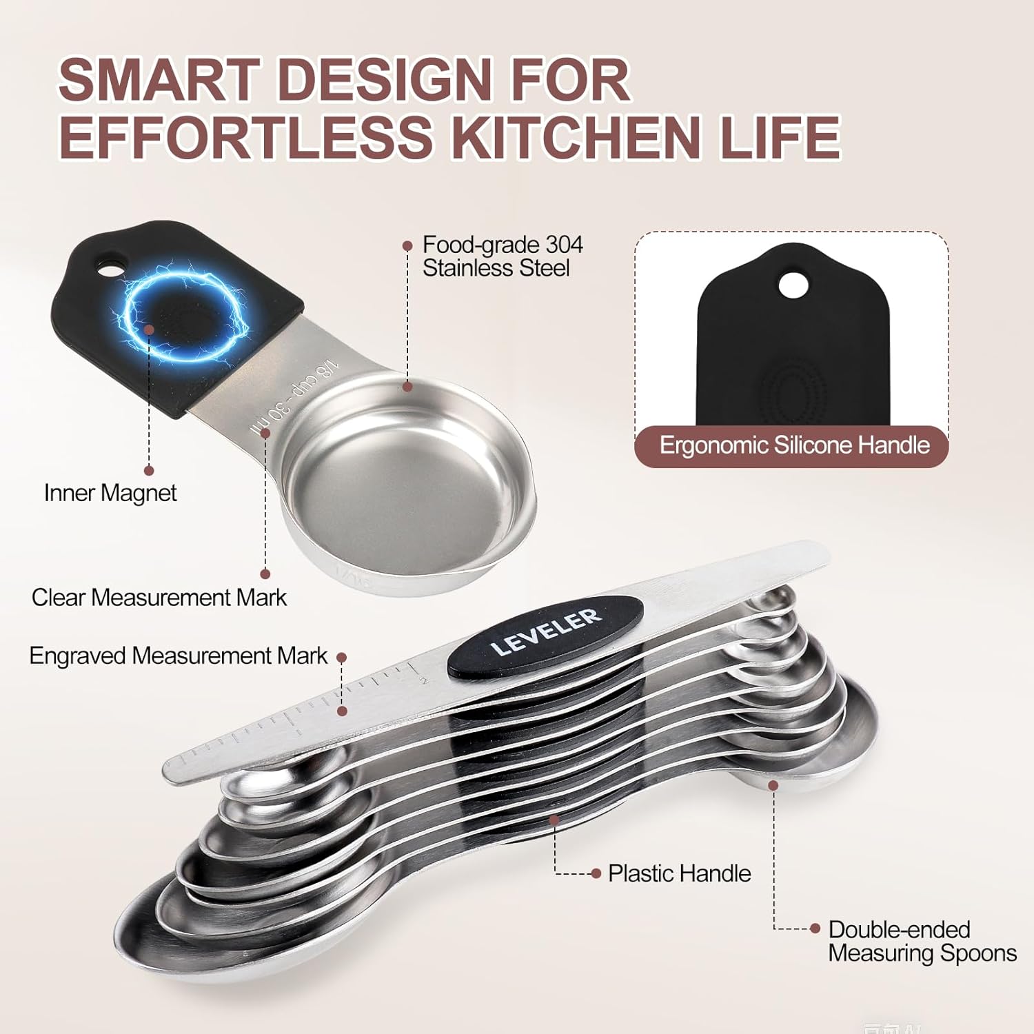 16-Piece Stainless Steel Measuring Cups and Spoons Set, Strong Magnetic Nesting Design 7 Cups 8 Spoons with Leveler, Double Measurement Markings for Dry & Liquid Ingredients, Black