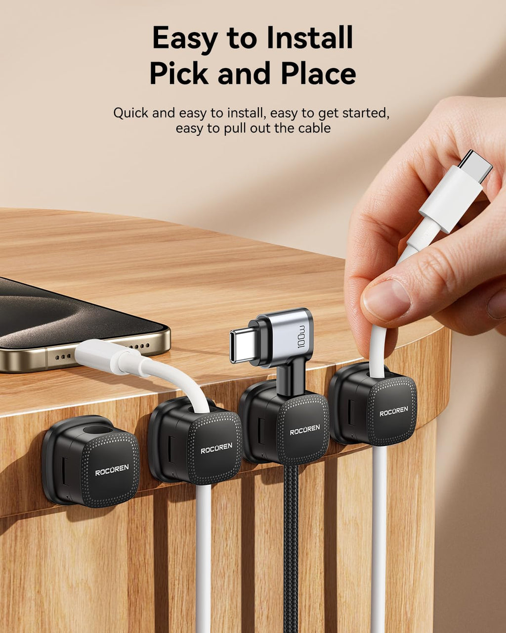 12 Pack Cable Management Cord Organizer,Magnetic Cable Clips-1s Lock,Rocoren Desk Adhesive Cord Cable Clip Wire Holder Keeper for Phone Charger Wire,Nightstand,Car,Office,Desktop Accessory,Black