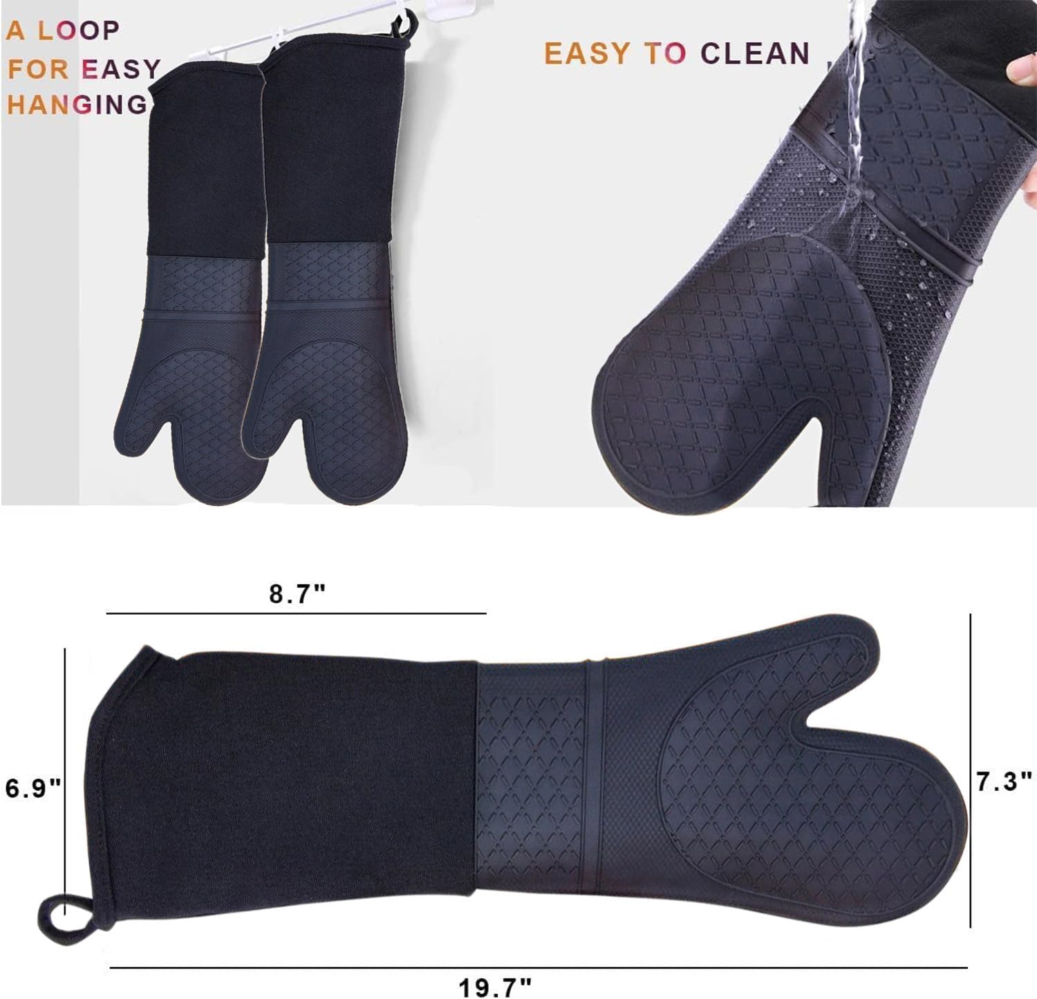 Extra Long Silicone Oven Mitts Heavy Duty Commercial Grade Oven Mitts Heat Resistant BBQ Gloves with Quilted Cotton Lining 2 Pack (Black)