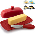 Zulay Butter Dish With Lid For Countertop - Porcelain White, Ceramic Butter Dish with Knob Handle Great for Cooking - Elegant Design Butter Holder - Durable & Sturdy Butter Keeper - Red