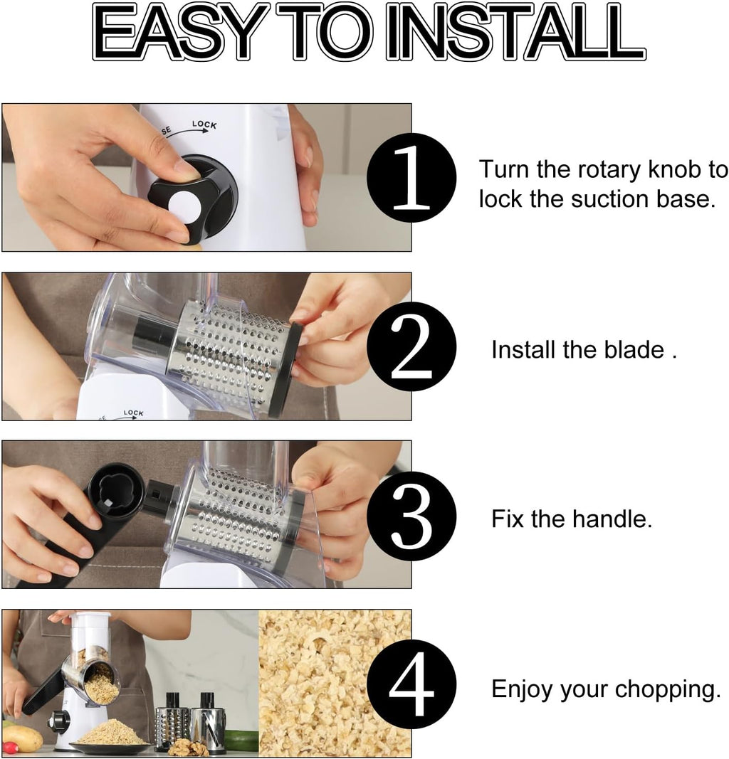 Ourokhome Rotary Cheese Grater Hand Crank, Kitchen Shredder Speed Mandolin Slicer Nuts Grinder with Handle and Drum Blades for Cheese, Vegetable, Walnuts, Chocolate, Potato, 3 Blades, White Black