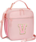 Initial Insulated Lunch Bag for Girls Kids, Back to School Gift, Reusable Leak-proof Lunch Box with Adjustable Strap for School Daycare Travel Picnic (Pink,V)