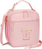 Initial Insulated Lunch Bag for Girls Kids, Back to School Gift, Reusable Leak-proof Lunch Box with Adjustable Strap for School Daycare Travel Picnic (Pink,V)