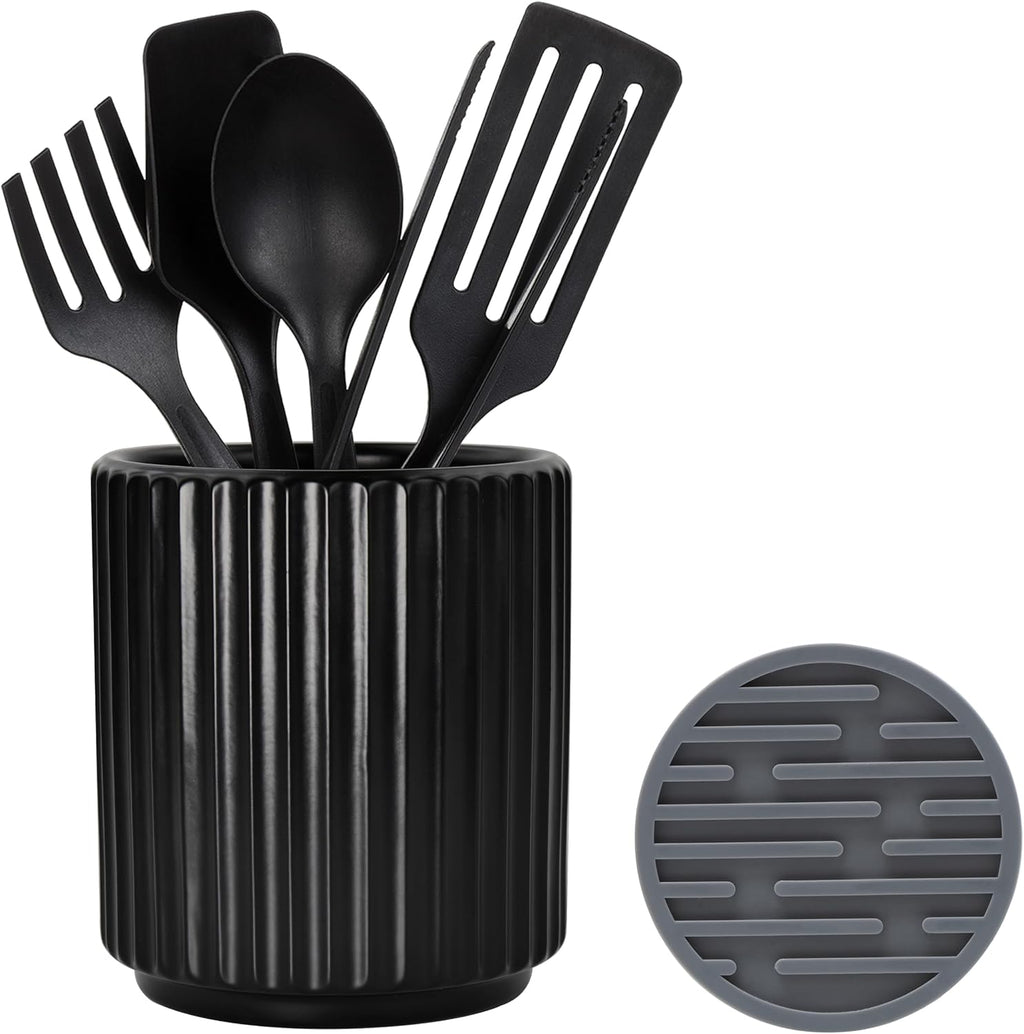 Black Utensil Holder (H5.51” x W4.92”), Ceramic Utensil Crock, Cooking Spoon Holder for Kitchen, Spatula Holder for Counter, Includes Silicone Drying Mat, Black