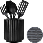Black Utensil Holder (H5.51” x W4.92”), Ceramic Utensil Crock, Cooking Spoon Holder for Kitchen, Spatula Holder for Counter, Includes Silicone Drying Mat, Black