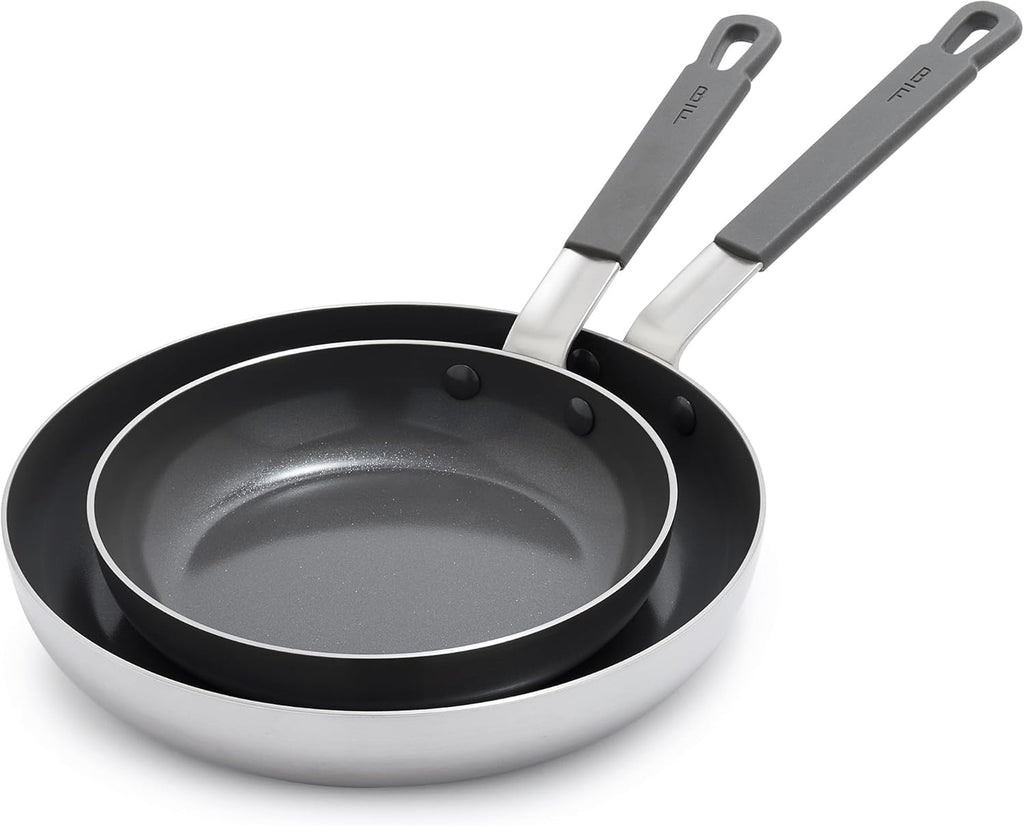 GreenPan x Bobby Flay Stainless Steel 8” & 10” Frying Pan Skillet Set, Professional Grade Tri-Ply, Multiclad, PFAS-Free Ceramic Nonstick, Induction Suitable, Dishwasher & Oven Safe, Stay Cool Handle
