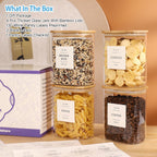 4 Pack Square Glass Pantry Storage Containers with 132 Kitchen Food Pantry Labels - 34 floz Clear Glass Pantry Jars with Airtight Wood Bamboo Lids - Glass Canisters for Tea, Cereal, Coffee, Spice