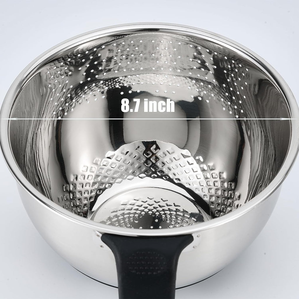 Kitchen Strainers and Colanders with Handle, Stainless Steel Grater with Container, Vegetable Shredder with 3 Blades, Versatile Side Drainer Bowl for Washing Rice, Beans and Fruits
