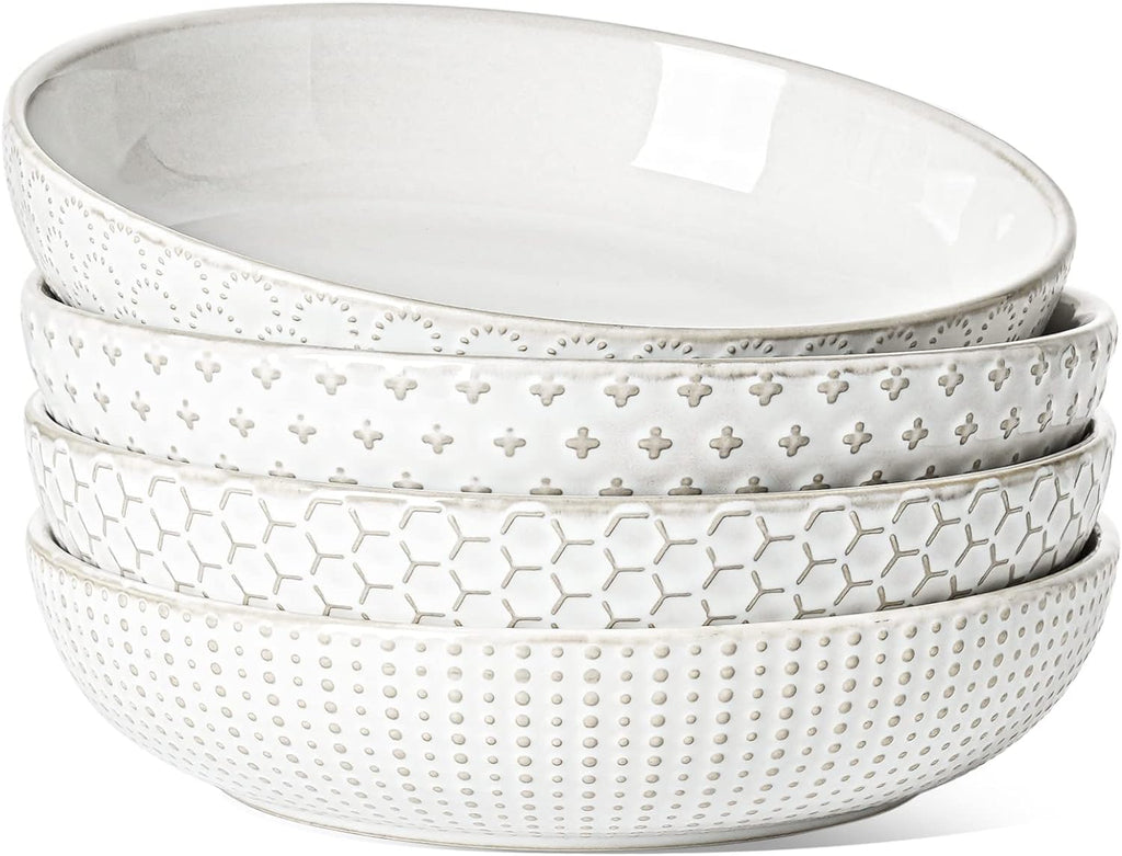 LE TAUCI Pasta Bowl 36 oz, Salad Bowl Serving Plate Bowls, Housewarming Wedding Present, Ceramic Embossment Bowl for Pasta, Fruits, Salad, Noodle, Dinner - 8 Inch, Set of 4, Arctic White